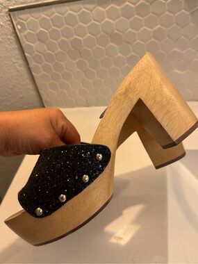Paruolo Black Glitter Platform Clog Mule with Wooden Block Heel - Women